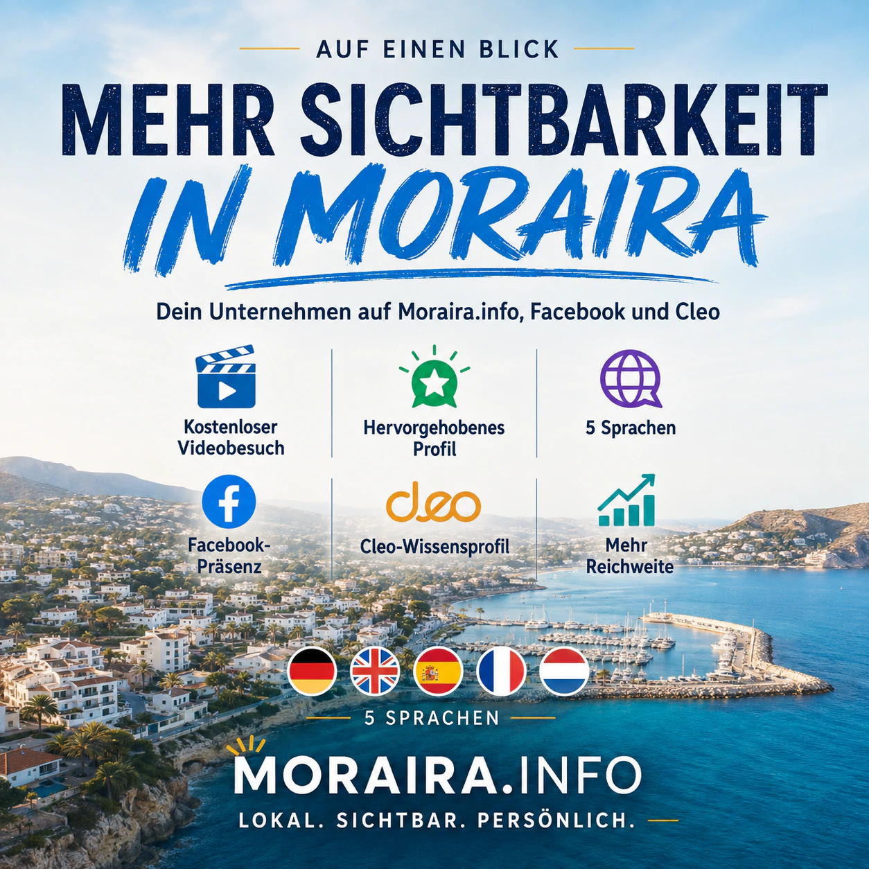 Übersicht zur Moraira.info-Sichtbarkeitskampagne vor einer Luftaufnahme von Moraira