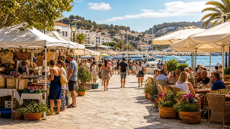 Lively Moraira scene with harbour, market, terraces and visitors