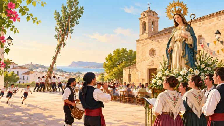 Ilustración de una velada vecinal con música tradicional valenciana en una plaza del casco antiguo de Teulada
