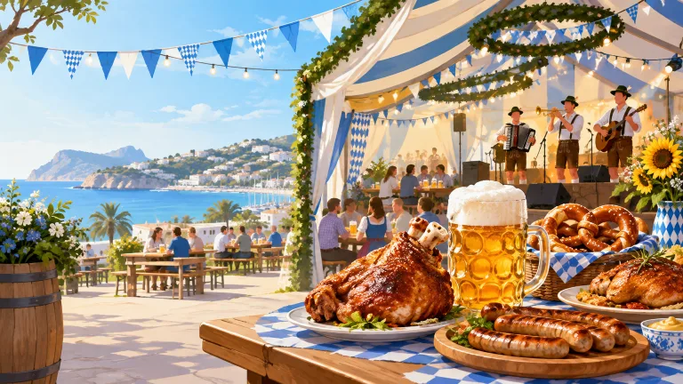 Illustratie van een Oktoberfest in een lichte feesttent met volwassen bezoekers, bier en pretzels