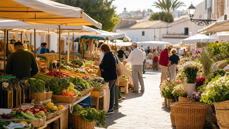 Marché hebdomadaire méditerranéen avec fruits, légumes et stands près de Moraira